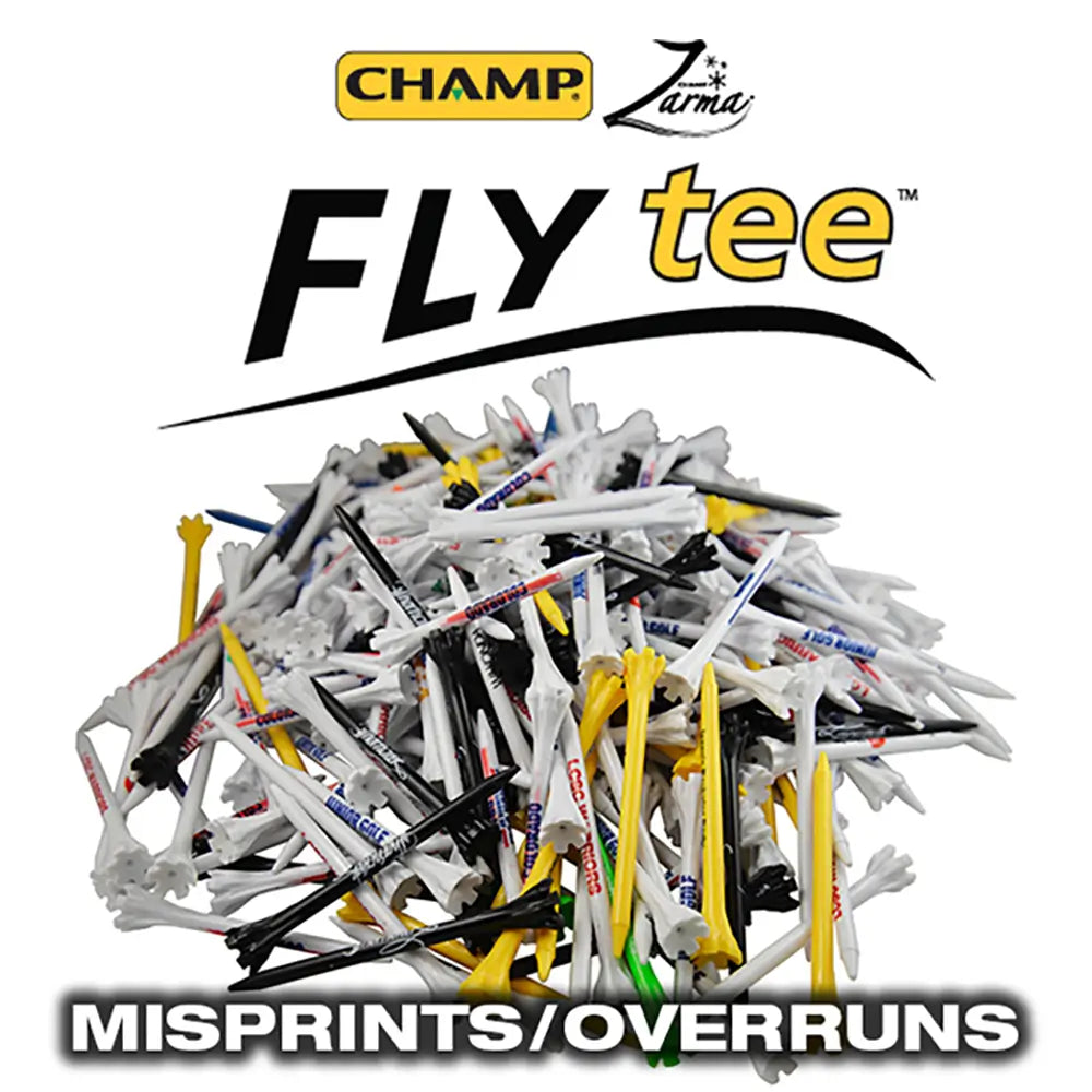 Pile of Champ Zarma Fly Tee golf tees with misprints/overruns on a white background